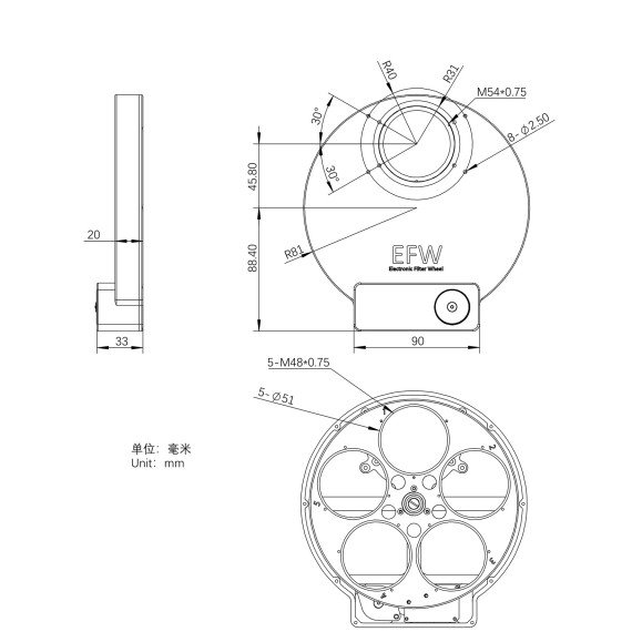 Rueda portafiltros EFW ZWO 5 posiciones 5x50.8mm (2”)