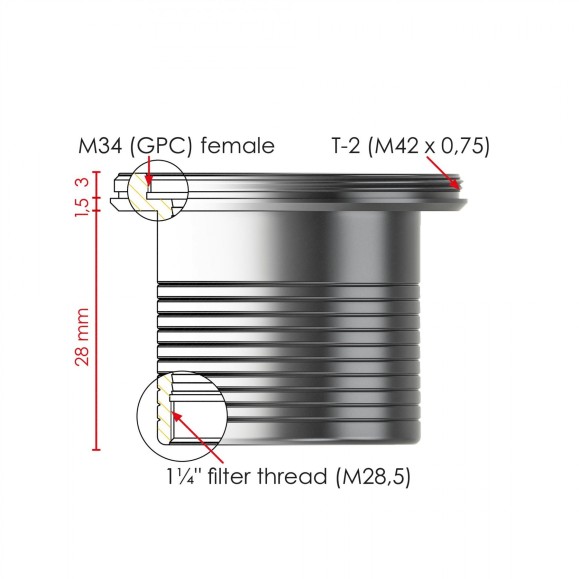 Adaptador Baader de 1¼" a T-2 con ranuras de seguridad