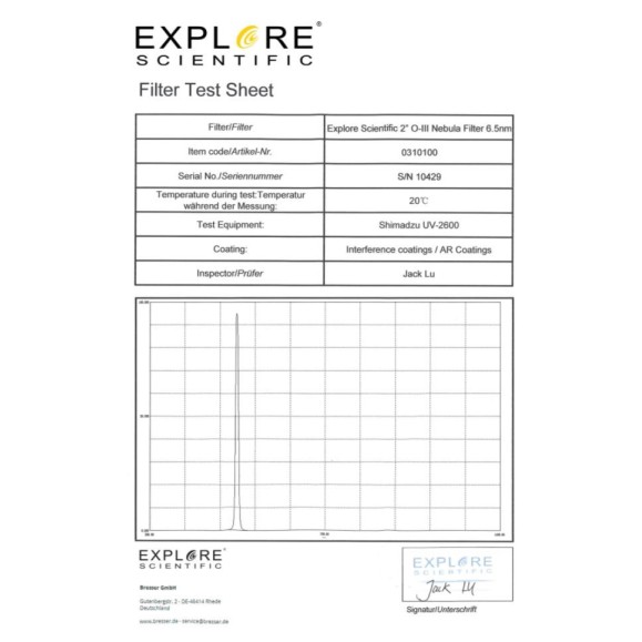 Filtro EXPLORE SCIENTIFIC Banda estrecha 2" O-III Filtro Nebula 6.5nm