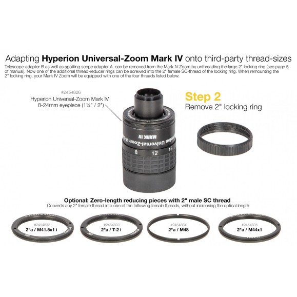 Anilla reductora de longitud óptica cero 2"a / T-2i para pasar de rosca T2 a rosca SCT