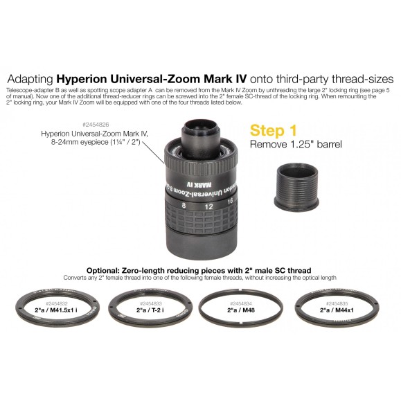 Anilla reductora de longitud óptica cero 2"a / T-2i para pasar de rosca T2 a rosca SCT