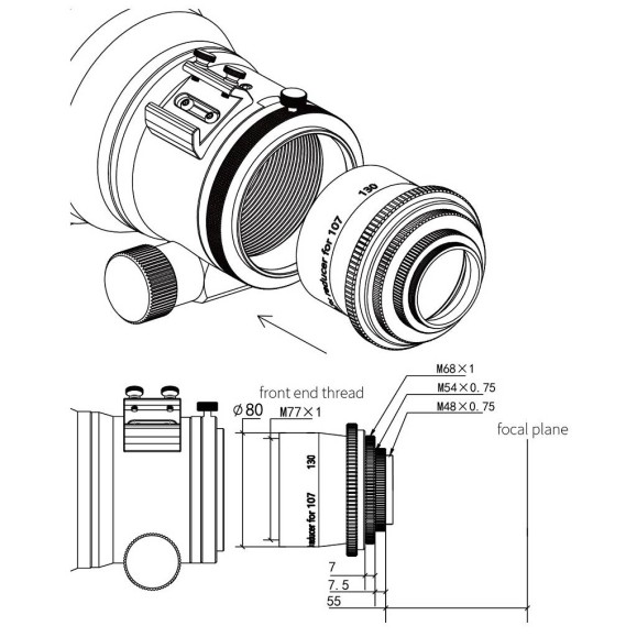 Reductor aplanador ZWO 0,7x para FF107 & FF130
