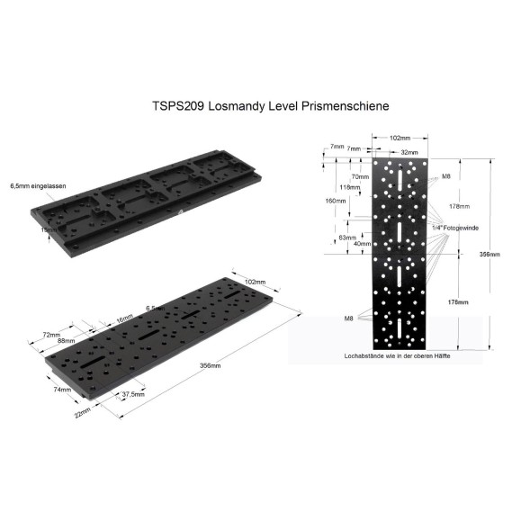 Cola de milano universal TS-Optics tipo Losmandy de superfície plana y 356mm longitud