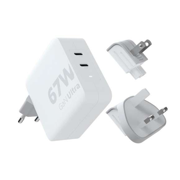 Cargador de viaje + cable USB-C PD blanco XTORM 67w GaN Ultra 00225407, con 2 puertos USB-C
