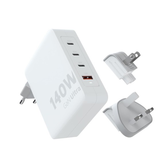 Cargador de viaje + cable USB-C PD blanco XTORM 140w GaN Ultra, 4 puertos