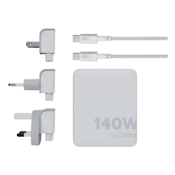 Cargador de viaje + cable USB-C PD blanco XTORM 140w GaN Ultra, 4 puertos