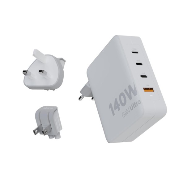 Cargador de viaje + cable USB-C PD blanco XTORM 140w GaN Ultra, 4 puertos