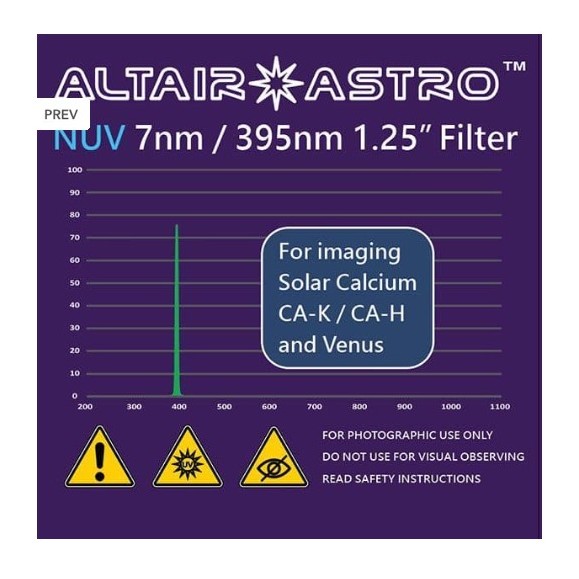 Filtro ALTAIR F125NUV395, NUV de 7nm y 1,25" - Línea K de calcio y Venus.