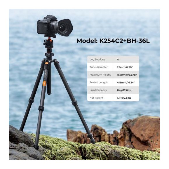 Trípode de Fibra de Carbono para Cámara con Rótula de Bola + Placa de Liberación K&F