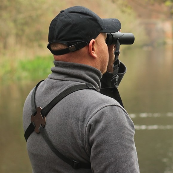 Arnés OPTICRON de nylon y cuero de 25 mm con sistema de liberación rápida para prismáticos